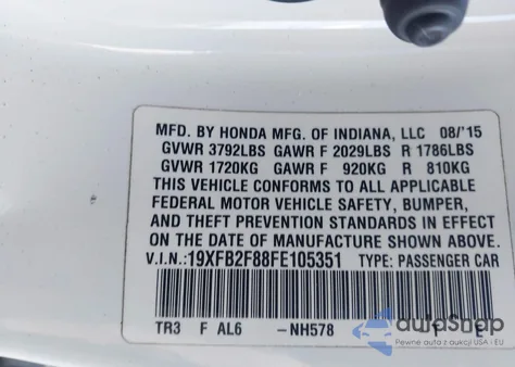 2015 Honda Civic Ex from USA, damaged, VIN 19XFB2F88FE105351